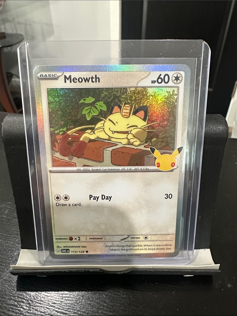 Pokemon Meowth Holographic Card - Yellow & Green Artwork